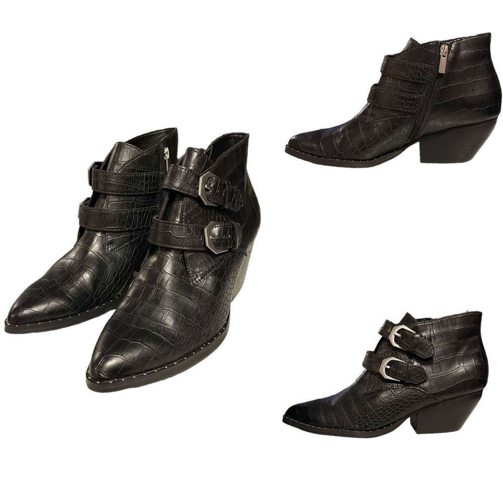 TREASURE & Bond Harper Embossed Black Croco Buckle Bootie 10 Pointy toe Boot